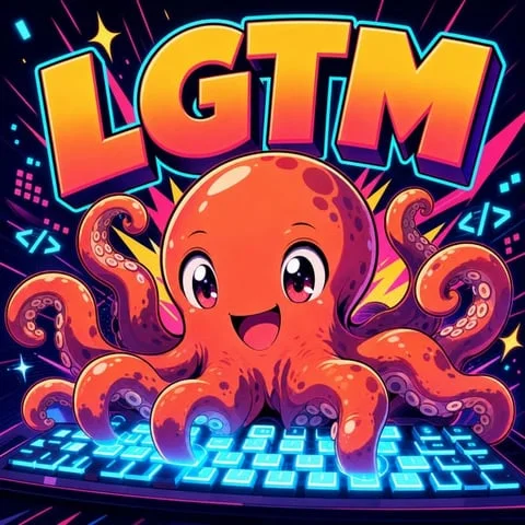 a happy octopus typing on a glowing keyboard, anime style