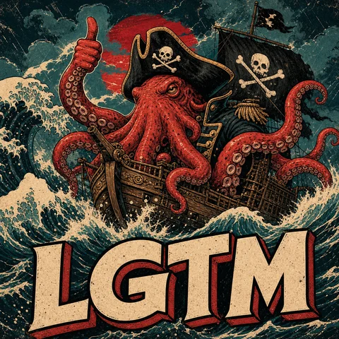 giant octopus pirate captain on a ship riding massive waves, bold Japanese woodb