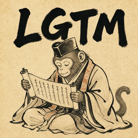 鳥獣戯画 (Chōjū-giga) style ink painting: a monkey dressed as a Buddhist priest read