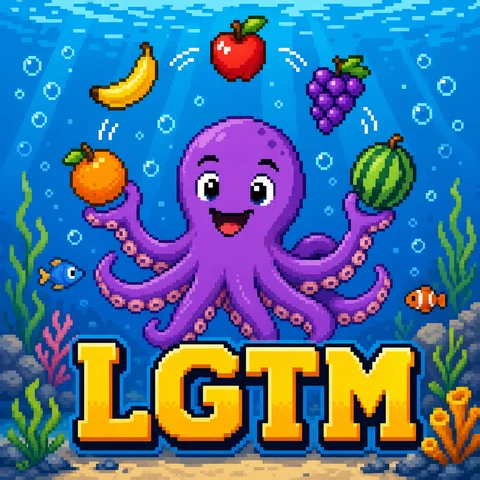 8bit pixel art of a cheerful octopus juggling fruits underwater