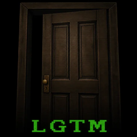 Screenshot of a 1998 late-era PlayStation 1 survival horror game door opening transition, viewed straight head-on: one heavy dark wooden door with a brass doorknob completely filling the frame, seen from directly in front at close range, the door just beginning to swing inward with only a narrow gap open, pitch black darkness beyond the gap revealing nothing, the door and its frame float in pure black void with absolutely nothing around them, empty scene with no hands, no arms, no people, nobody visible at all, dim spotlight on the door face against total blackness, low-poly 3D, low-resolution blurry warped textures, dithering and 240p CRT scanlines, small pixelated green text LGTM at the very bottom edge, no gore, no blood, entirely original setting, no franchise logos, no brand names, no readable text anywhere except LGTM