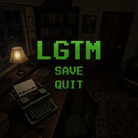 Screenshot of a 1996 PlayStation 1 survival horror game save room: a low-poly typewriter with an ink ribbon on a wooden desk, pre-rendered dark study background with a lamp and bookshelf, fixed camera angle from a high corner of the room, chunky pixelated green monospace menu overlay in the center reading LGTM with SAVE and QUIT listed below, low-resolution blurry warped textures, dithering and 240p CRT scanlines, limited muddy color palette, no gore, no blood, entirely original setting, no franchise logos, no brand names, no readable text anywhere except LGTM SAVE and QUIT