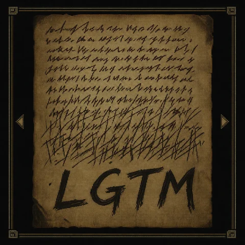 Screenshot of a 1998 late-era PlayStation 1 survival horror game in-game document viewer: an aged yellowed sheet of paper filling most of the screen, covered in messy handwritten scrawl that becomes shakier toward the bottom, the very last line written clearly and firmly as LGTM, a thin pixel-bordered UI frame around the page, dark background behind, low-resolution retro game UI, dithering and 240p CRT scanlines, no gore, no blood, entirely original setting, no franchise logos, no brand names, the only legible word is LGTM with the rest of the handwriting illegible