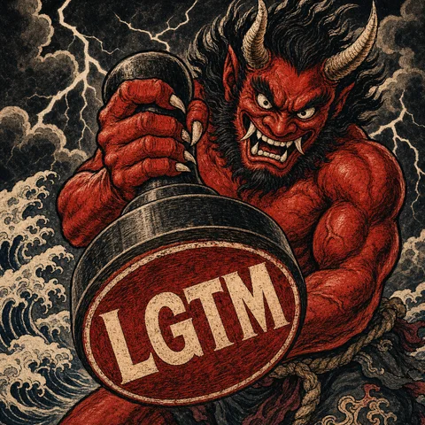 fearsome red oni demon holding a giant approval stamp, bold Japanese woodblock p