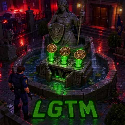 Screenshot of a 1998 late-era PlayStation 1 survival horror game puzzle scene: a stone fountain statue in a dark rainy police station courtyard, its pedestal has three round medallion slots, three engraved bronze medals sliding into place and glowing green, the stone mechanism grinding open, red emergency lighting and falling rain, fixed camera angle looking down from a high corner, low-poly 3D, low-resolution blurry warped textures, dithering and 240p CRT scanlines, large pixelated green text LGTM across the bottom, no gore, no blood, entirely original setting, no franchise logos, no brand names, no readable text anywhere except LGTM
