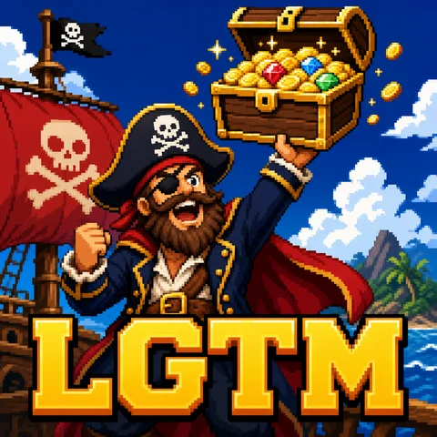 8bit pixel art of a pirate captain raising a treasure chest in triumph