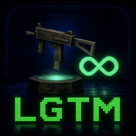 Screenshot of a 1998 late-era PlayStation 1 survival horror game bonus unlock screen: a low-poly submachine gun rotating on a small pedestal, a large glowing infinity symbol beside it, dark navy UI panel with chunky pixel borders, subdued celebratory glow, large pixelated green text LGTM across the bottom, low-poly 3D, low-resolution blurry warped textures, dithering and 240p CRT scanlines, no gore, no blood, entirely original setting, no franchise logos, no brand names, no readable text anywhere except LGTM