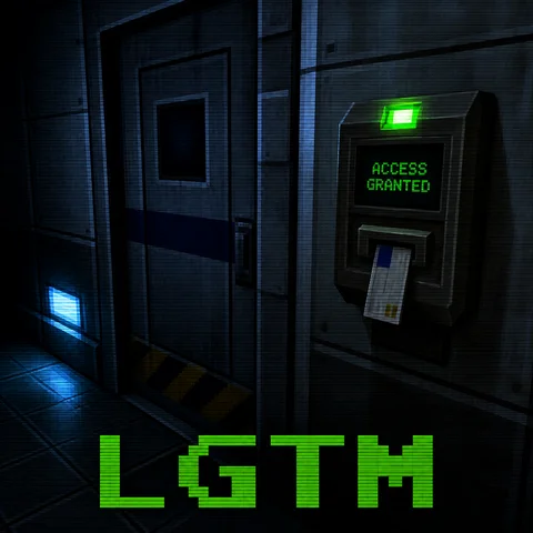 Screenshot of a 1998 late-era PlayStation 1 survival horror game: a security card reader mounted beside a heavy metal laboratory door in a dark corridor, a keycard inserted into the slot, the indicator lamp switching to bright green, a small display panel on the reader showing the words ACCESS GRANTED, cold blue emergency lighting, low-poly 3D, low-resolution blurry warped textures, dithering and 240p CRT scanlines, large pixelated green text LGTM across the bottom, no gore, no blood, entirely original setting, no franchise logos, no brand names, no readable text anywhere except LGTM and ACCESS GRANTED