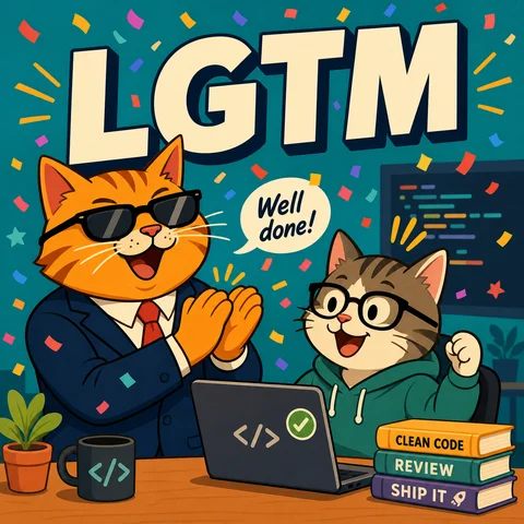 a boss cat in a suit clapping and cheering for a programmer, confetti falling, c