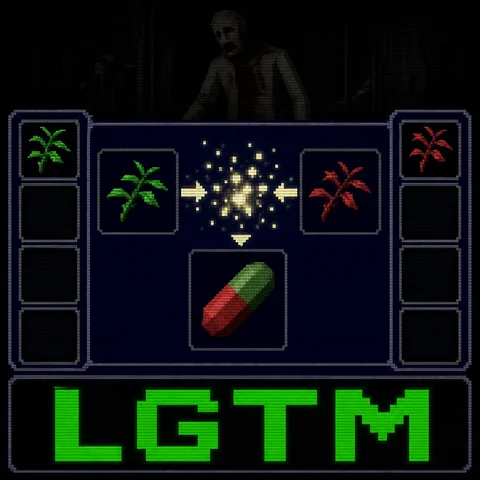 Screenshot of a 1996 PlayStation 1 survival horror game item combine screen: a low-poly green herb icon and a low-poly red herb icon merging together with chunky pixelated sparkle particles, dark navy UI panel with pixel borders, the resulting item shown as a small capsule, large pixelated green text LGTM across the bottom, a low-poly zombie silhouette faint in the dark background, low-resolution textures, dithering and 240p CRT scanlines, no gore, no blood, entirely original setting, no franchise logos, no brand names, no readable text anywhere except LGTM