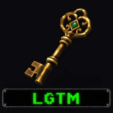 Screenshot of a 1998 late-era PlayStation 1 survival horror game item pickup cut-in: a single ornate low-poly brass key slowly rotating in mid-air, lit by a narrow spotlight against a completely pitch black screen with nothing else visible, a thin pixel-bordered caption box at the bottom of the frame, large pixelated green text LGTM inside the caption box, low-poly 3D, low-resolution blurry warped textures, dithering and 240p CRT scanlines, no gore, no blood, entirely original setting, no franchise logos, no brand names, no readable text anywhere except LGTM