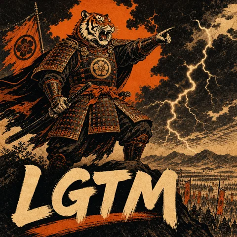 fierce tiger general in full battle armor commanding armies from a hilltop, bold