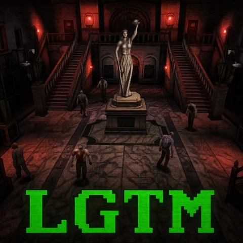 Screenshot of a 1998 late-era PlayStation 1 survival horror game: the dark main hall of an abandoned city police station, grand double staircase, marble floor, a tall stone goddess statue on a pedestal, red emergency lighting, low-poly zombies shambling across the hall, fixed camera angle looking down from a high corner, low-resolution blurry warped textures, dithering and 240p CRT scanlines, large pixelated green text LGTM across the bottom, no gore, no blood, entirely original setting, no franchise logos, no brand names, no readable text anywhere except LGTM