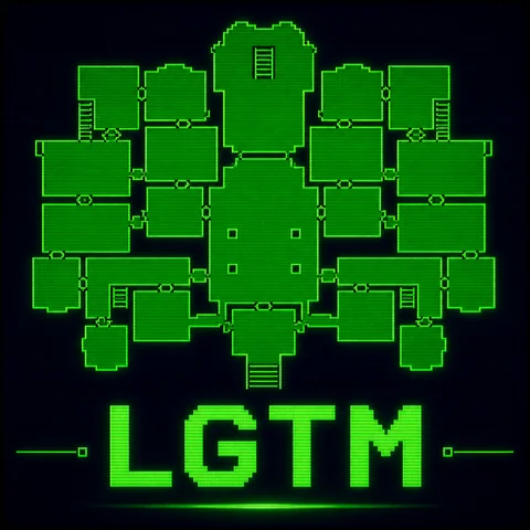 Screenshot of a 1996 PlayStation 1 survival horror game map screen: a top-down floor plan of a mansion drawn in chunky pixel lines on a dark navy background, every single room filled in solid glowing green meaning fully explored with no red unexplored rooms remaining, small door and staircase markers, large pixelated green text LGTM across the bottom, low-resolution retro game UI, dithering and 240p CRT scanlines, no gore, no blood, entirely original setting, no franchise logos, no brand names, no readable text anywhere except LGTM