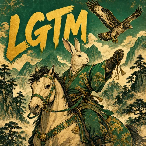 master falconer rabbit on horseback with a hawk soaring above, bold Japanese woo