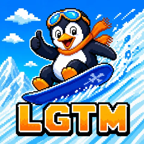 8bit pixel art of a cheerful penguin sliding down ice on a snowboard