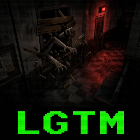 Screenshot of a 1998 late-era PlayStation 1 survival horror game: a dark police station corridor at night, a tall window boarded up with wooden planks, low-poly zombie arms bursting through the shattered planks, splintered wood flying through the air, red emergency light washing the walls, fixed camera angle looking down from a high corner, low-poly 3D, low-resolution blurry warped textures, dithering and 240p CRT scanlines, large pixelated green text LGTM across the bottom, no gore, no blood, entirely original setting, no franchise logos, no brand names, no readable text anywhere except LGTM
