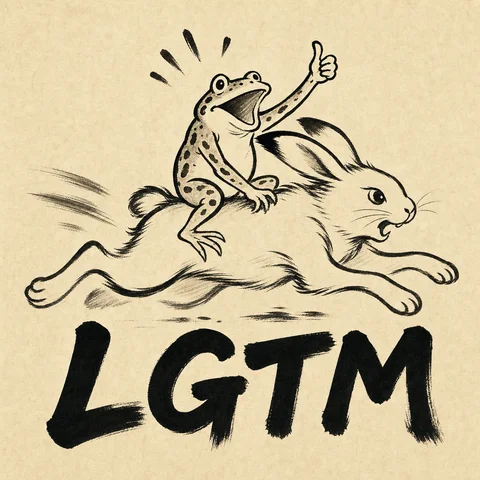 鳥獣戯画 (Chōjū-giga) style ink scroll: a tiny frog riding on a galloping rabbit's b