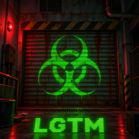Screenshot of a 1998 late-era PlayStation 1 survival horror game: a huge three-lobed biohazard warning symbol stencilled in glowing green paint on a rusted metal shutter in a dark abandoned facility, chipped paint and rust streaks, dim red emergency lighting from the side, fixed camera angle facing the shutter, low-poly 3D, low-resolution blurry warped textures, dithering and 240p CRT scanlines, large pixelated green text LGTM across the bottom, no gore, no blood, entirely original setting, no franchise logos, no brand names, no readable text anywhere except LGTM