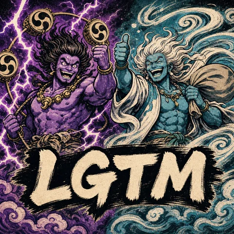 Raijin thunder god and Fujin wind god side by side celebrating a code approval, 