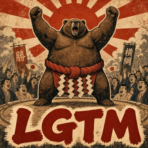 giant sumo bear wrestler raising both arms in victory on a sumo ring, bold Japan