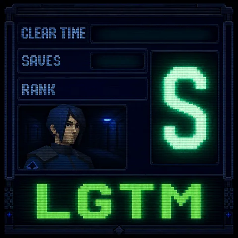 Screenshot of a 1998 late-era PlayStation 1 survival horror game results screen after clearing the game: a dark navy UI panel with chunky pixel borders listing CLEAR TIME, SAVES and RANK as rows, the rank displayed as one huge glowing letter S, a small low-poly character portrait in the corner, celebratory subdued glow, large pixelated green text LGTM across the bottom, low-poly 3D, low-resolution textures, dithering and 240p CRT scanlines, no gore, no blood, entirely original setting, no franchise logos, no brand names, no readable text anywhere except LGTM CLEAR TIME SAVES RANK and the letter S