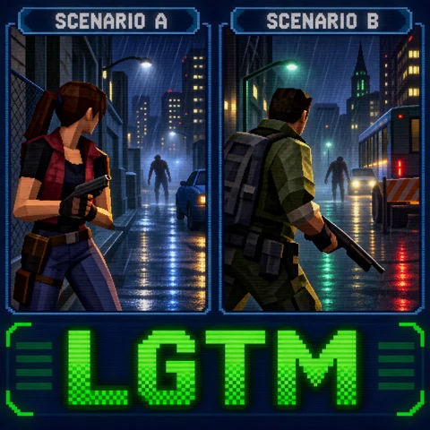 Screenshot of a 1998 late-era PlayStation 1 survival horror game scenario select screen: two portrait panels side by side on a dark navy UI with chunky pixel borders, the left panel labeled SCENARIO A and the right panel labeled SCENARIO B, each showing a low-poly character silhouette against a rainy city backdrop, a dim zombie shape in the background, large pixelated green text LGTM across the bottom, low-resolution retro game UI, dithering and 240p CRT scanlines, no gore, no blood, entirely original setting, no franchise logos, no brand names, no readable text anywhere except LGTM SCENARIO A and SCENARIO B