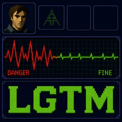 Screenshot of a 1996 PlayStation 1 survival horror game status screen: a dark navy UI panel with chunky pixel borders showing an electrocardiogram heartbeat waveform, the line changing from a jagged red DANGER pulse on the left to a calm steady green FINE pulse on the right, a small low-poly character portrait in the corner, large pixelated green text LGTM across the bottom, low-resolution textures, dithering and 240p CRT scanlines, limited muddy color palette, no gore, no blood, entirely original setting, no franchise logos, no brand names, no readable text anywhere except LGTM DANGER and FINE