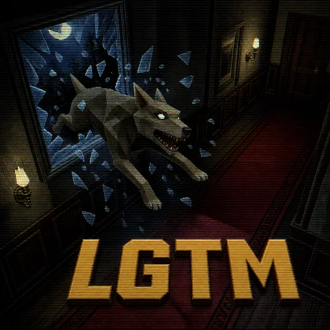 Screenshot of a 1996 PlayStation 1 survival horror game: a low-poly undead dog leaping through a shattering window into a dark mansion corridor, glass shards frozen in mid-air, moonlight streaming in, fixed camera angle looking down from the upper corner of the room, red carpet and wooden panelled walls, chunky angular polygons, low-resolution blurry warped textures, dithering and 240p CRT scanlines, limited muddy color palette, no gore, no blood, entirely original setting, no franchise logos, no brand names, no readable text anywhere except LGTM