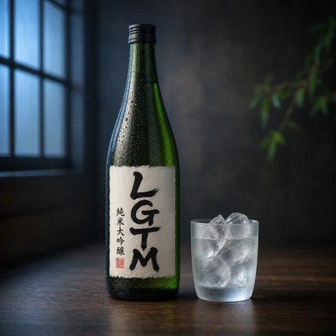 An elegant summer beverage photograph, medium wide shot with breathing room around the subject: a chilled dark green Japanese sake bottle standing on a dark wooden table, the entire bottle visible from cap to base, its surface covered in fine condensation droplets running down the glass, the handmade washi paper label showing the brand name LGTM in bold black brush calligraphy with 純米大吟醸 in smaller vertical calligraphy and a vermilion seal, a frosted glass tumbler filled with ice cubes standing beside it, cool blue-tinted window light from the left contrasting against the warm wood grain, dark moody background with quiet empty space, shallow depth of field, refined styled product photography, original fictional brand not resembling any real product, no other text anywhere except LGTM and 純米大吟醸